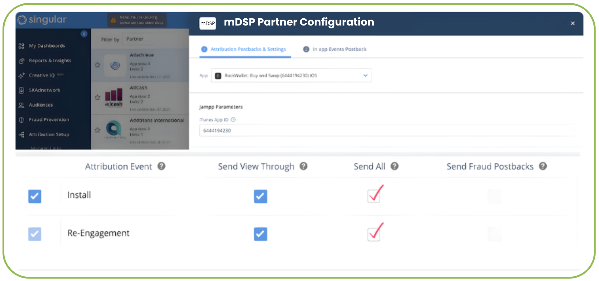 Singular postback and data sharing settings for mDSP