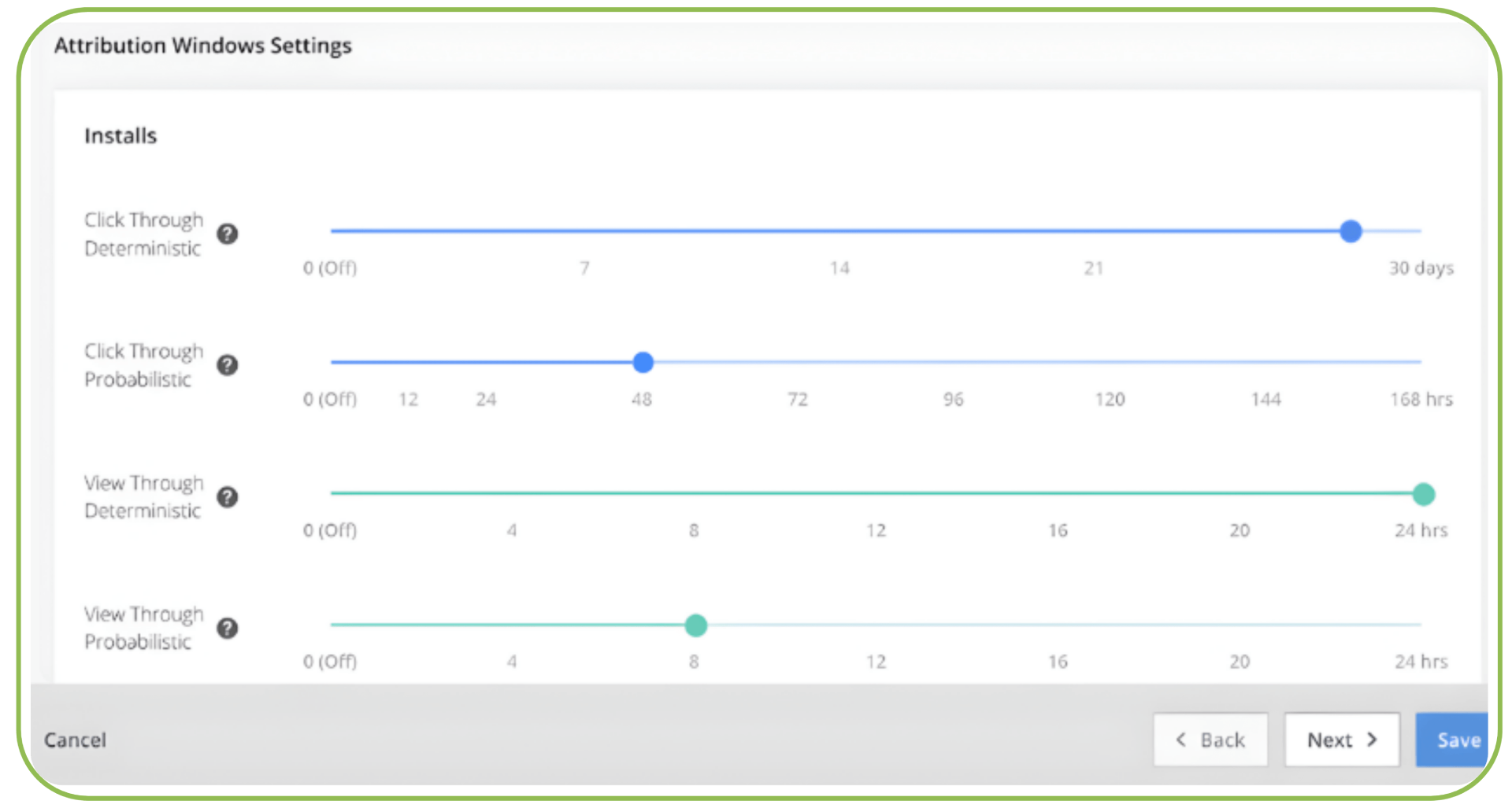 Singular attribution window settings