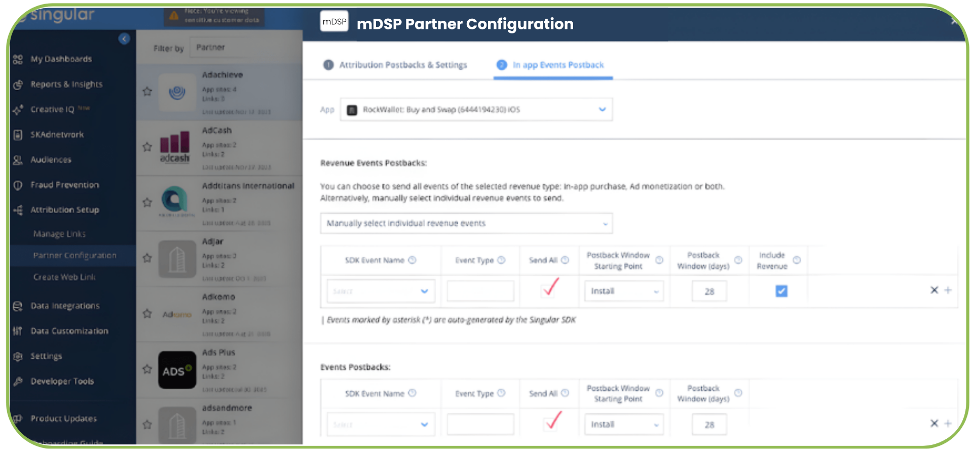 Singular revenue and event postback settings